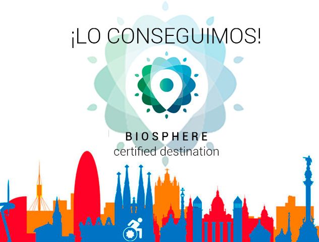 Logotipo de Biosphere Certified Destination sobre una ilustración del skyline de Barcelona con monumentos y símbolos de accesibilidad.